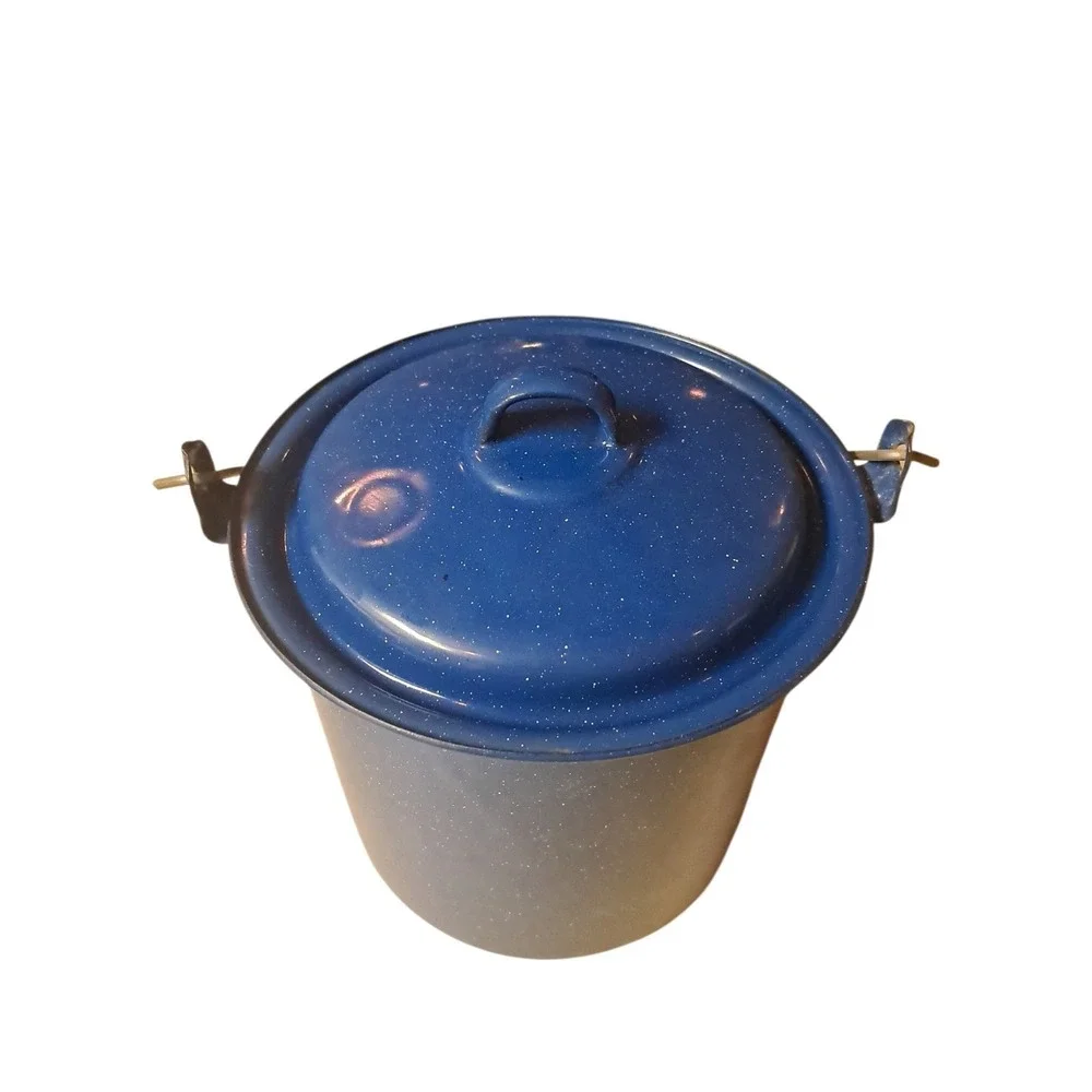 Vintage Blue Speckled Enamelware Pot With Lid & Bail Handle